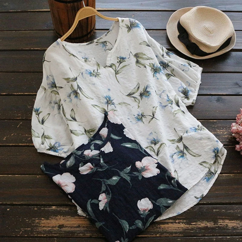 S-4XL 2018 Summer Women Cotton Linen Top Blouse Soft Floral Print Loose Shirt Femme V Neck Vintage Casual Shirts Blusa Plus Size Blouses