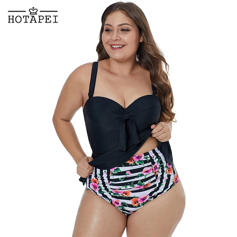 

Hotapei Black Plus Size Swimsuit bikini set Ruffled Tankini with Floral Panty L0736 women Push Up Swimwear Monokini Bathing Suit
