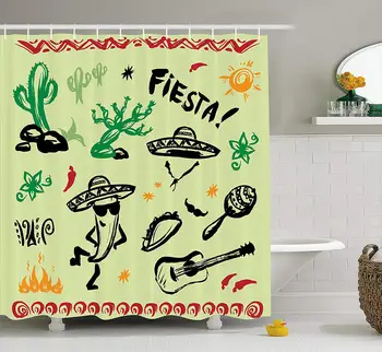

Mexican Decorations Shower Curtain Popular Hispanic Objects Fiesta Taco Guitar Cactus Plant Nachos Print Bathroom Set