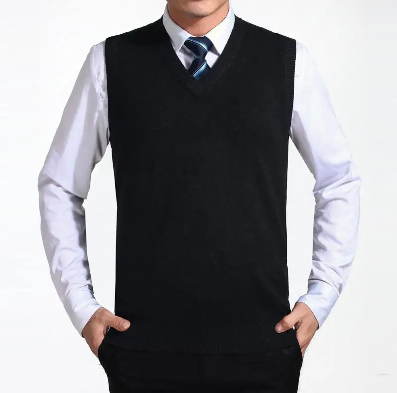 Новое поступление Повседневный Однотонный свитер жилет мужские свитера шерстяной пуловер Мужской с v-образным вырезом без рукавов жилет брендовая одежда - Цвет: Черный