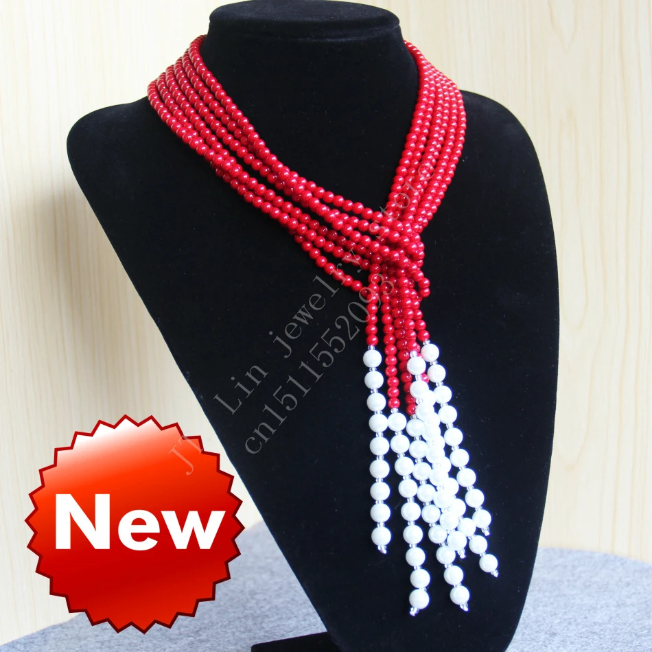

Charming!3 Row 4-8mm Red coral&glass necklace 50 inches fashion women jewelry making design wholesale and retail