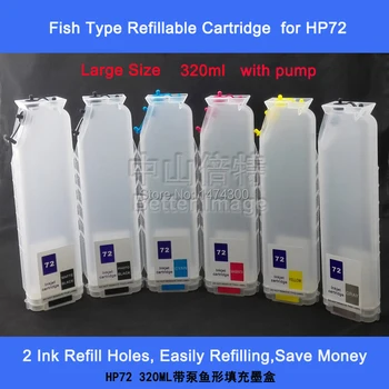 

XIMO New arrival 320ml large size empty refillable ink cartridge with chips for HP72,Fish type,with pump