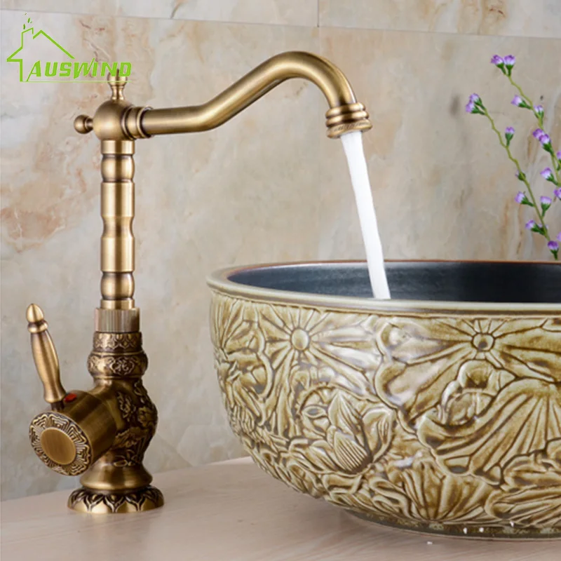 Günstige Messing Küchenarmatur Europäischen Antiken Wasserhahn Retro Geschnitzte Becken Wasserhahn Dreht Einzigen Handgriff Einzelnes Loch Heiße Und Kalte Wasserhahn