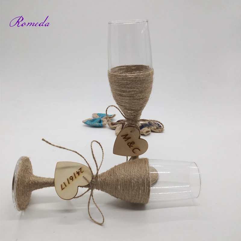 

1 pair/lot Personalized custom engraved date Rustic Wedding burlap Champagne Toasting glasses jute wine cup with wooden hart