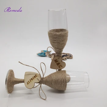 

1 pair/lot Personalized custom engraved date Rustic Wedding burlap Champagne Toasting glasses jute wine cup with wooden hart