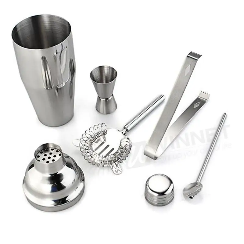 Set 5 Stainless Steel Cocktail 750ml Shaker Jigger Mixer Ice Strainer Clip Spoon