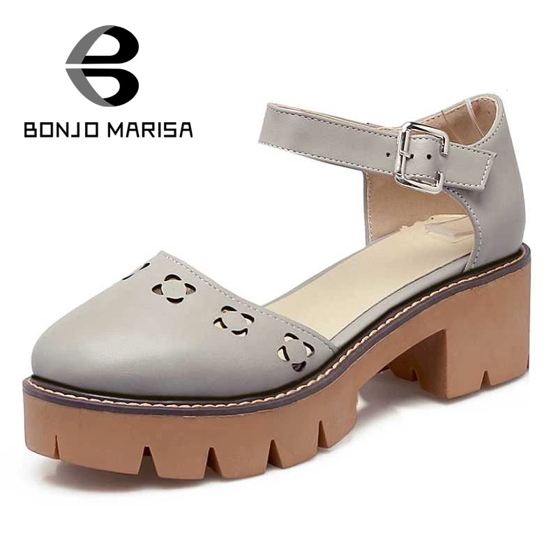 

BONJOMARISA Mary Jane Buckle Strap Women Pumps Fashion Vintage Heel Platform Shoes For Summer Woman 2017 Big Size 34-43
