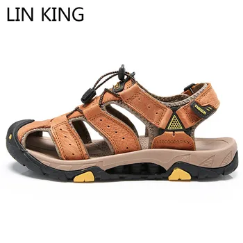 

LIN KING Top Quality Men Sandals Genuine Leather Gladiator Summer Shoes Comfortable Solid Outdoor Beach Sandals Sandalias Hombre