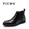 PJCMG Brand High Quality Black/Red Elastic Band/Zip Pointed Toe Ankle Casual Genuine Leather Design Men Dress Wedding Boots