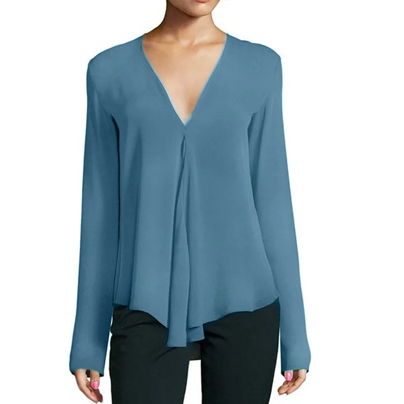 Jocoo Jolee, осенняя винтажная женская шифоновая блузка, рубашка с v-образным вырезом, длинный рукав, Женская туника, Повседневная блуза размера плюс, женские топы 6XL - Цвет: Light blue
