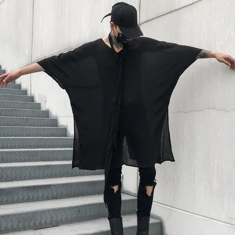 

2019 New Summer Mens Hip Hop T-shirt Fashion Mens Solid V-Neck Thin Tops Casual Loose Fit Long T-shirts Male Oversized T-shirts
