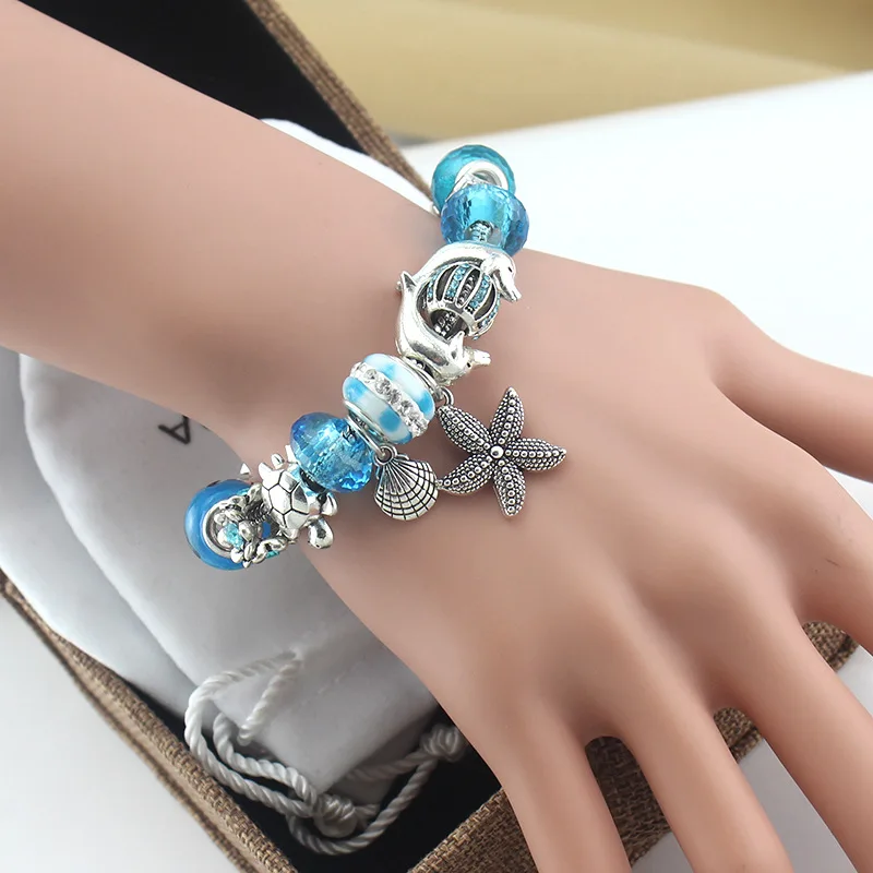 

Ocean Series Bracelets&Bangles Women Brecelet Star Dolphin Blue Beads Bracelet Femme Homme Christmas Gift