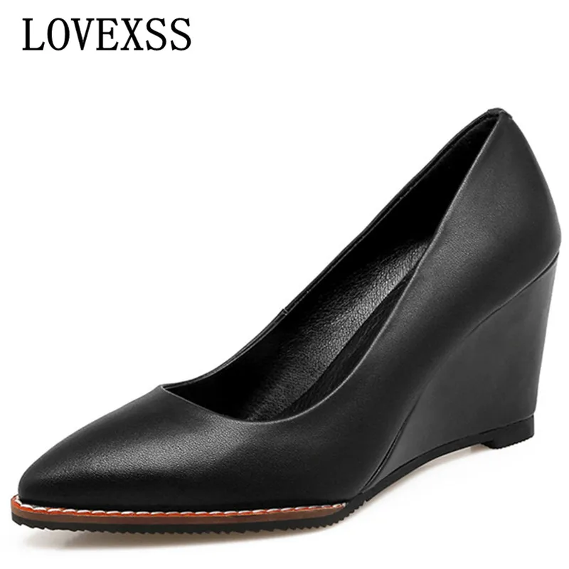 

LOVEXSS Women Pointed Toe Shallow Cow Leather heel High-heeled Shoes Black white Cow Leather heel High-heeled Shoes 2017