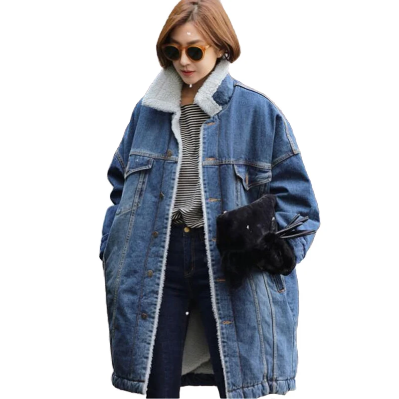 

New Denim Jacket Women Winter Thicken lambswool Parkas Plus size Flocking Keep warm Loose Female Cotton Coat Casual Tops N265