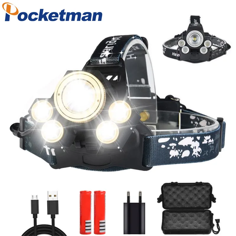 

50000 Lumen headlamp T6 +4*XPE LED Head Lamp Headlight yellow&blue Light Flashlight Torch Lanterna with batteries charge z45