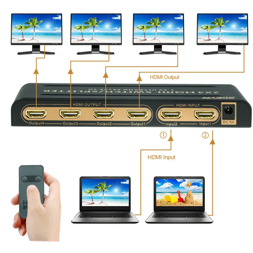 STEYR IR Remote 4Kx2K 2 in 4 Out 2x4 HDMI Switcher Splitter 2 input 4 output HDMI Splitter with DC5V Power 
