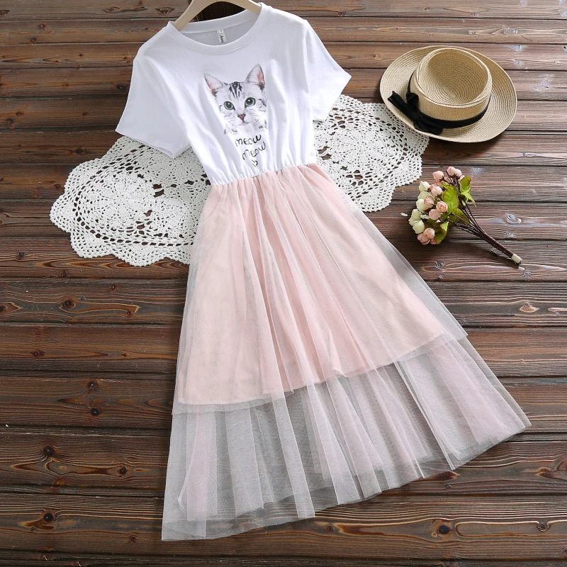 

Japan Style Kawaii White,Pink Summer Dress Women Short Sleeve Kawaii Cat Print Mesh Dresses S-XXL Womens Clothes