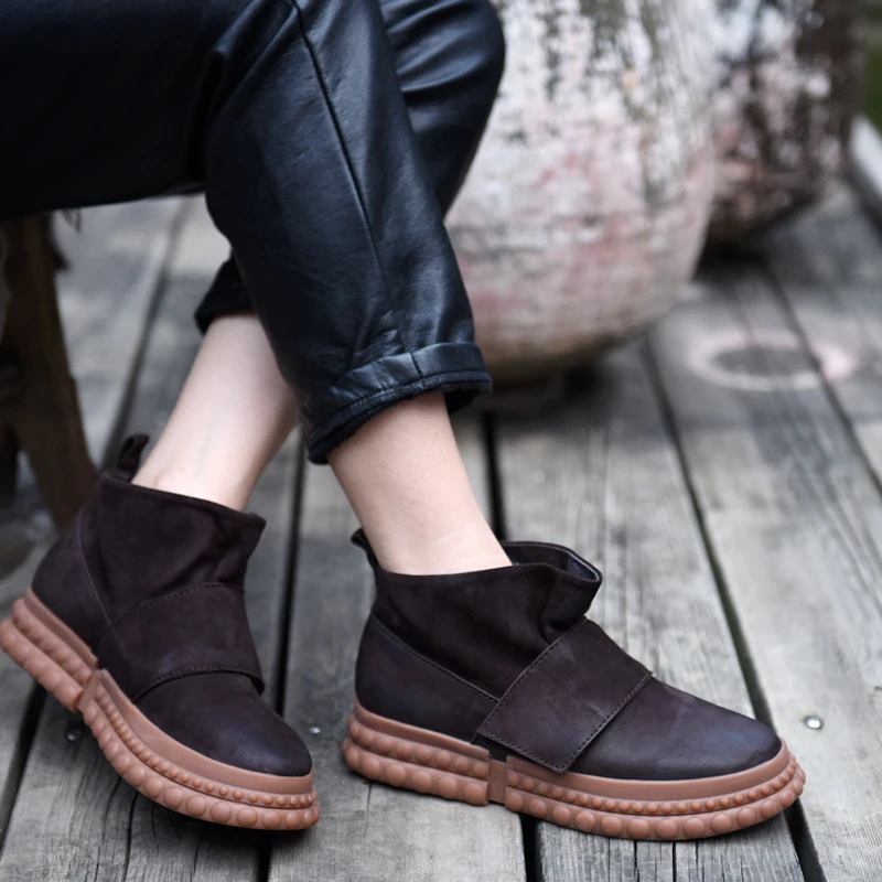 

Artmu New Autumn Fashion Women Short Boots Handmade Genuine Leather Flat Platform Shoes Comfort Hook Loop Woman Shoes Soft Soles