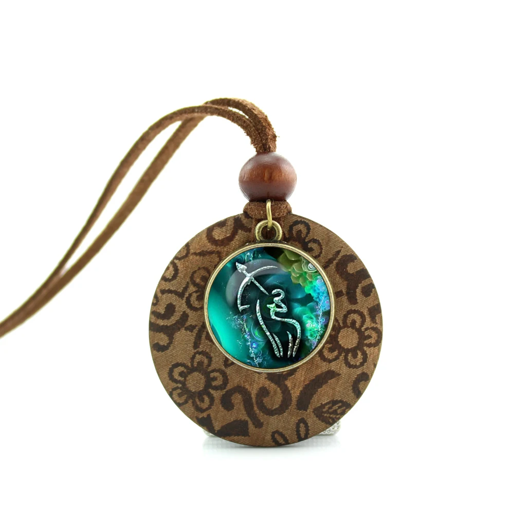 

2017 New Design Long Wood Necklaces Sagittarius Pendant Sagittarius Jewelry Zodiac Sign Girls Glass Cabochon Necklace NWL-0011
