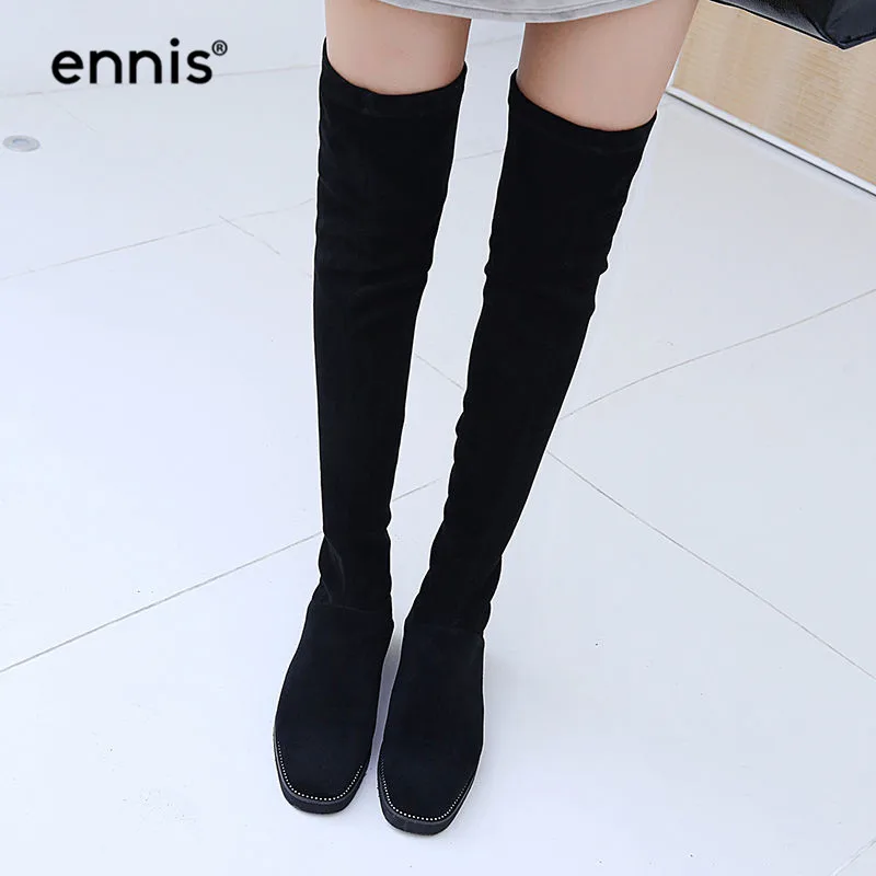 

ENNIS 2019 Ladies Flat Knee High Boots Platform Thigh High Stretch Boots Women Long Boots Rivet Autumn Winter Flock Shoes L845