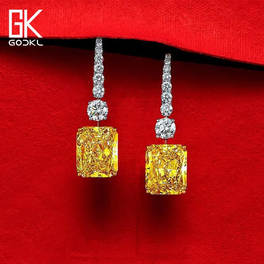 

GODKI Fashion Elegant Yellow Cubic Zircon Dangle Earring For Women Wedding Crystal CZ American Dubai Silver Bridal Earrings 2018