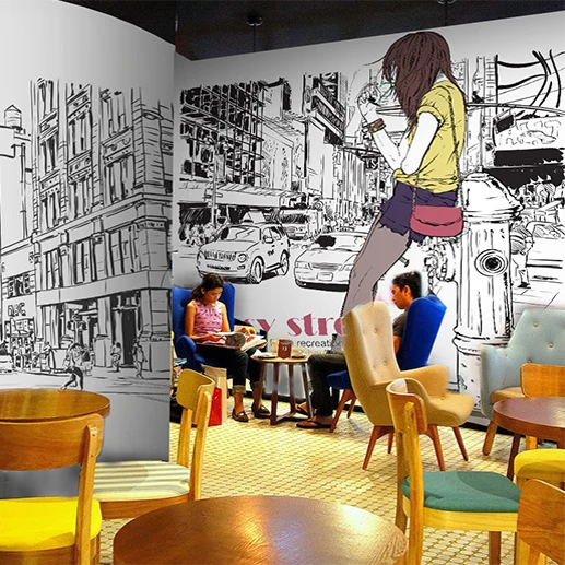 

custom wall mural black white line graffiti wallpaper European style fashion clothing store supermarket wallpaper mural