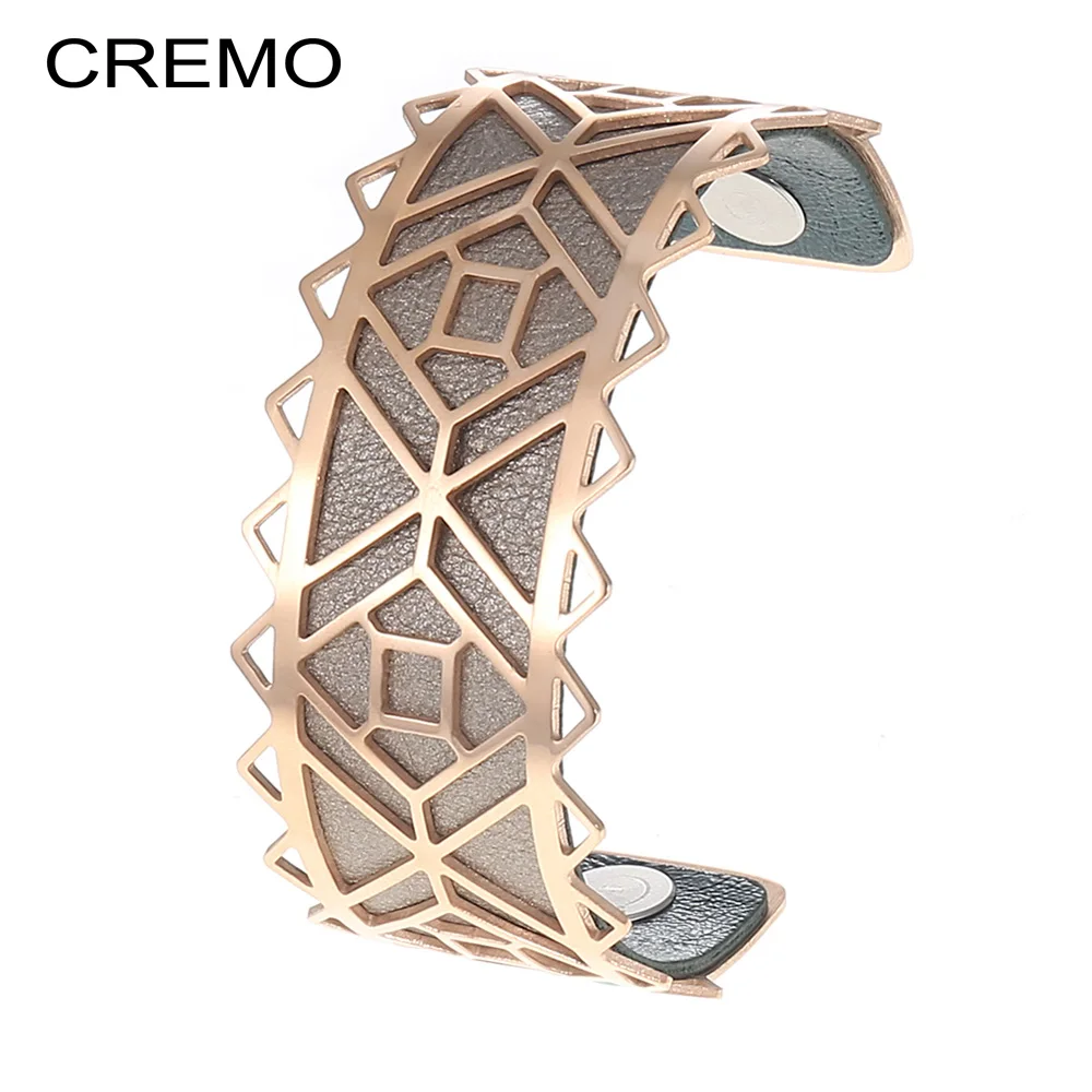 

Cremo DIY Arm Cuff Inca Bracelets Manchette Femme Large Stainless Steel Bangles For Women Bijoux Reversible Leather Pulseira