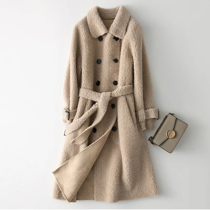 

2019 female sheep fur coat wool blends outwear jacket slim belt long outwear warm coat women loose size fashion jacket ladies
