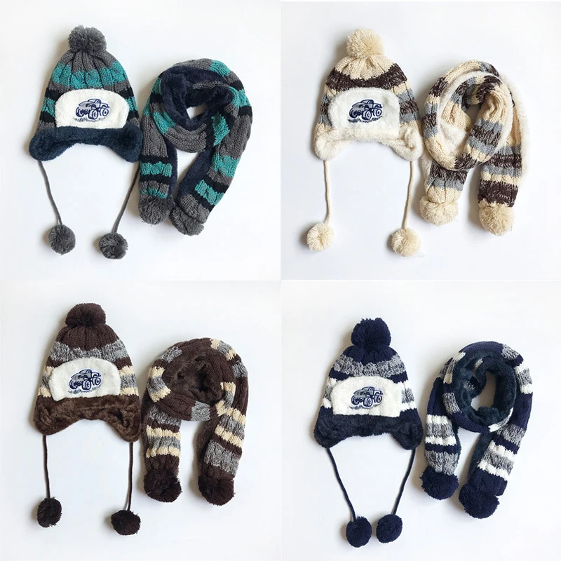 

Winter Pompom Baby Hat Scarf Set Boy Hats Scarves For Kids Beanie Bomber Hats Warm Lining HT046