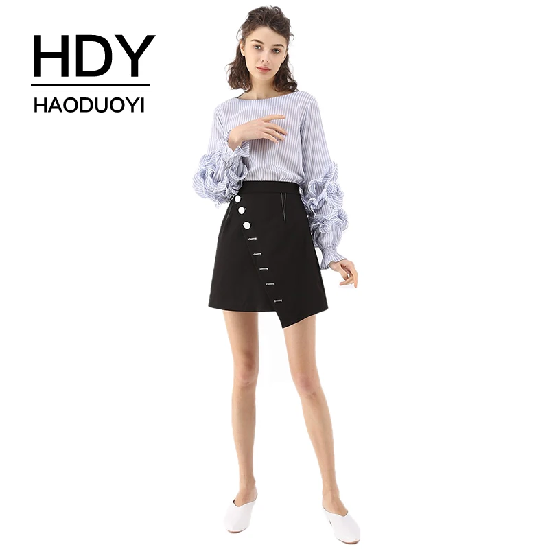 HDY Haoduoyi бренд 2020 черные а-силуэт милые мини юбки для женщин высокая талия пуговицы