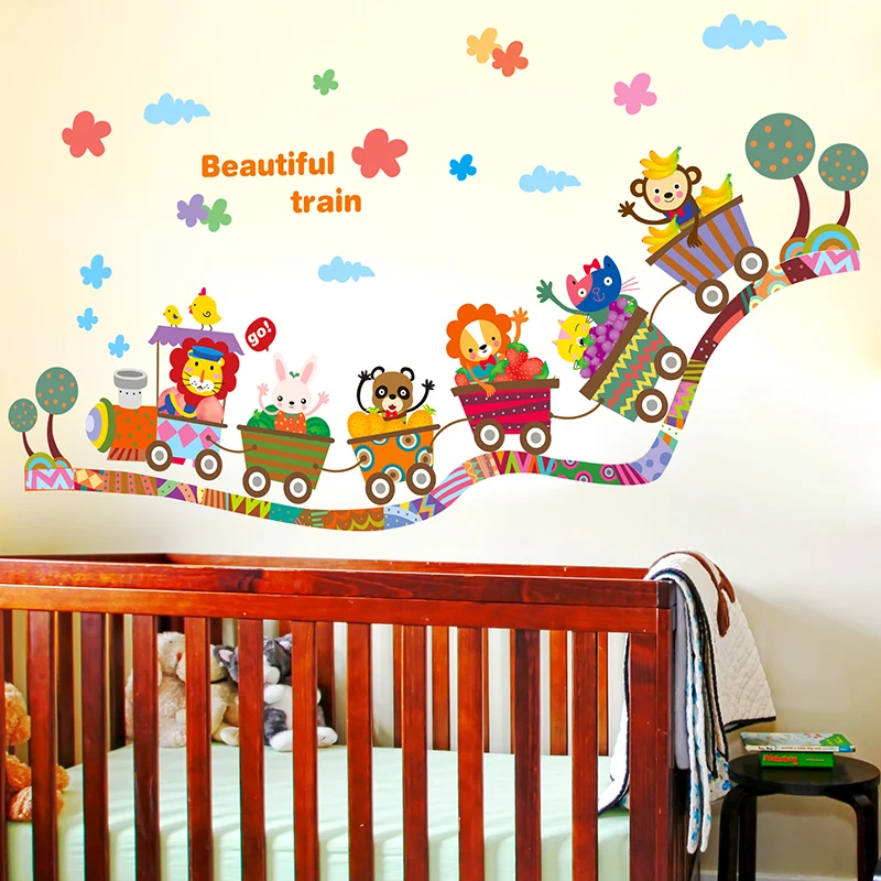 Animal Train Wall Sticker Cartoon Monkey Rabbit Lion Animais Mural