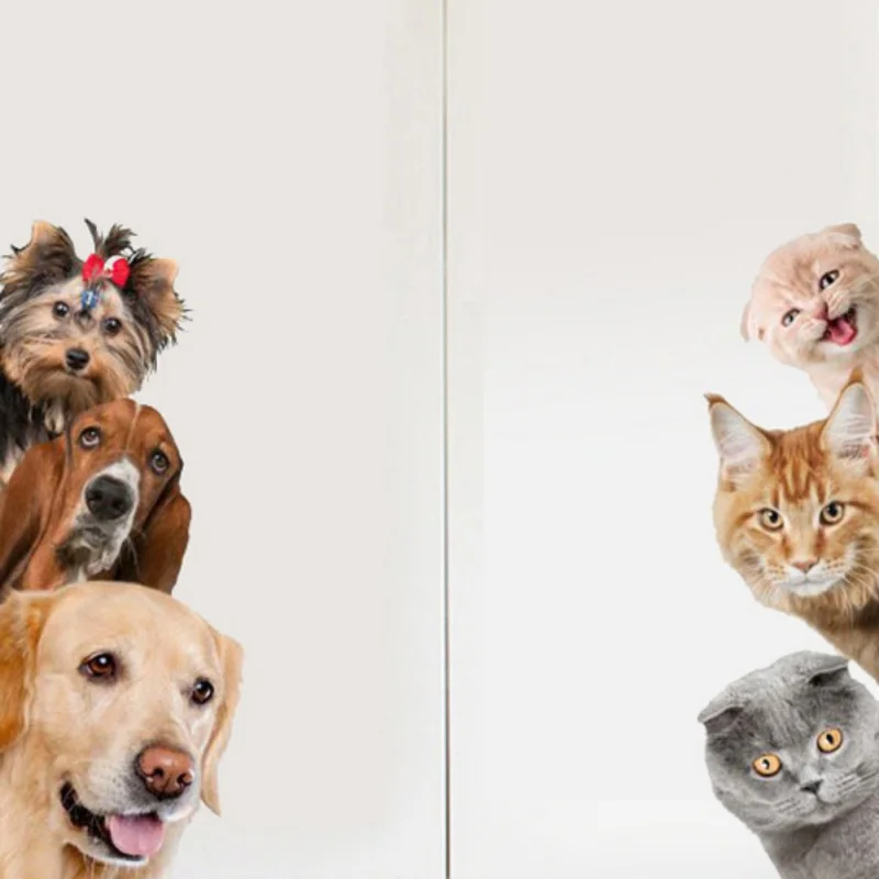 3D Наклейка на стену с изображением собак, кошек, забавных дверей, окон, шкафа, холодильника, украшения для детской комнаты, Мультяшные животные, художественная виниловая наклейка, домашний декор