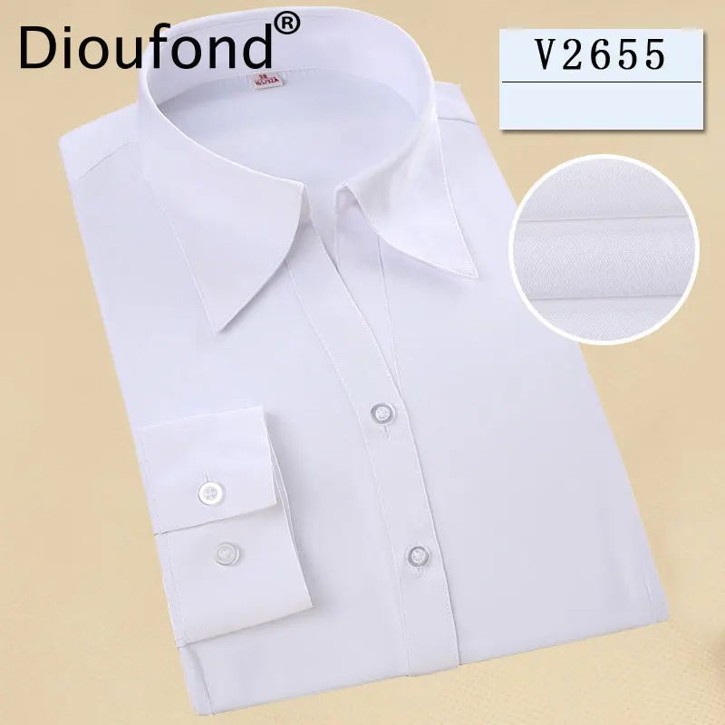 

Dioufond 2018 Women Solid Work Wear Blouses Cotton Solid White Ladies Office Shirt Slim Fit Turn-Down Collar V Neck Women Shirts