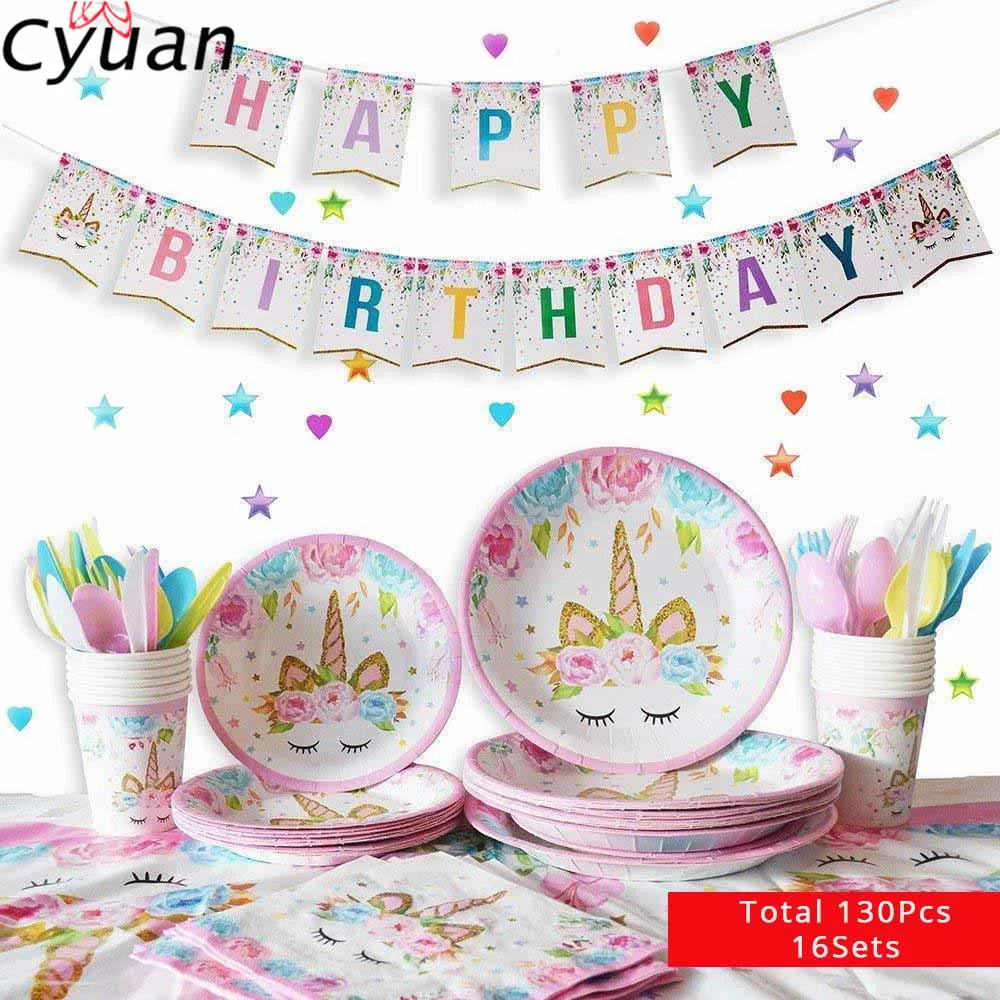 

Cyuan 4-24 Guests Birthday Decor Disposable Tableware Kit Unicornio Anniversary Paper Plate Cup Napkins Unicorn Party Supplies