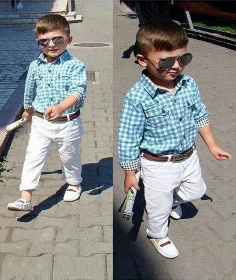 fashion Long sleeve blue Plaid Shirt +white pants+belt 3 pieces gentleman outfits children clothing set kids clothes boys DY108A