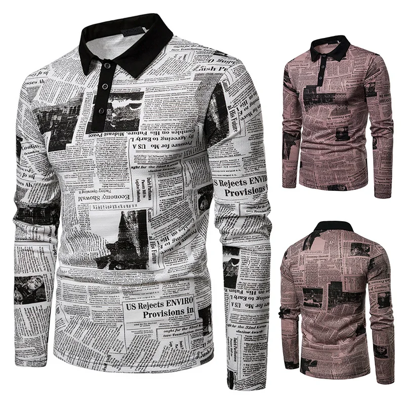 

Men's Newspaper Printed Shirts Fashion Casual Slim Fit Shirts For Men Long Sleeve Turn-down Collar Spring Autumn Outwear