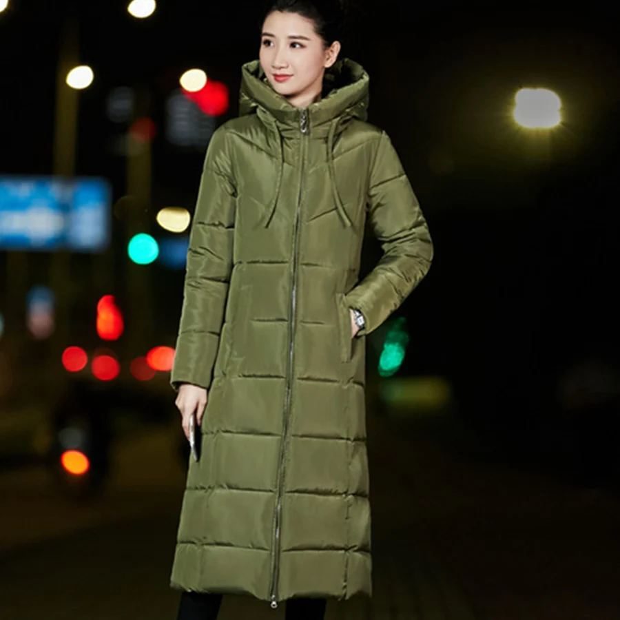 Long Slim Down Coat Women Winter M-6XL Plus Size Hooded Down Jacket Warm Cotton Clothes Zipper Pocket Fashion Elegant Women Coat
