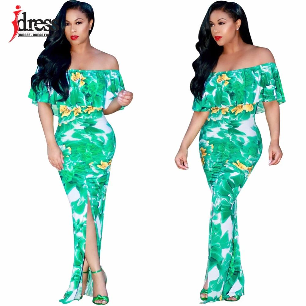 IDress New Sexy Slash Neck Strapless Pattern Floral Split Women Maxi Dresses Off the Shoulder Ruffles Print Long Dress Vestidos (3)
