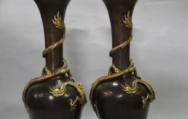 

S1117 15"Marked China Purple Bronze 24K Gold Dragon play pearl Vase Bottle Pair Statue