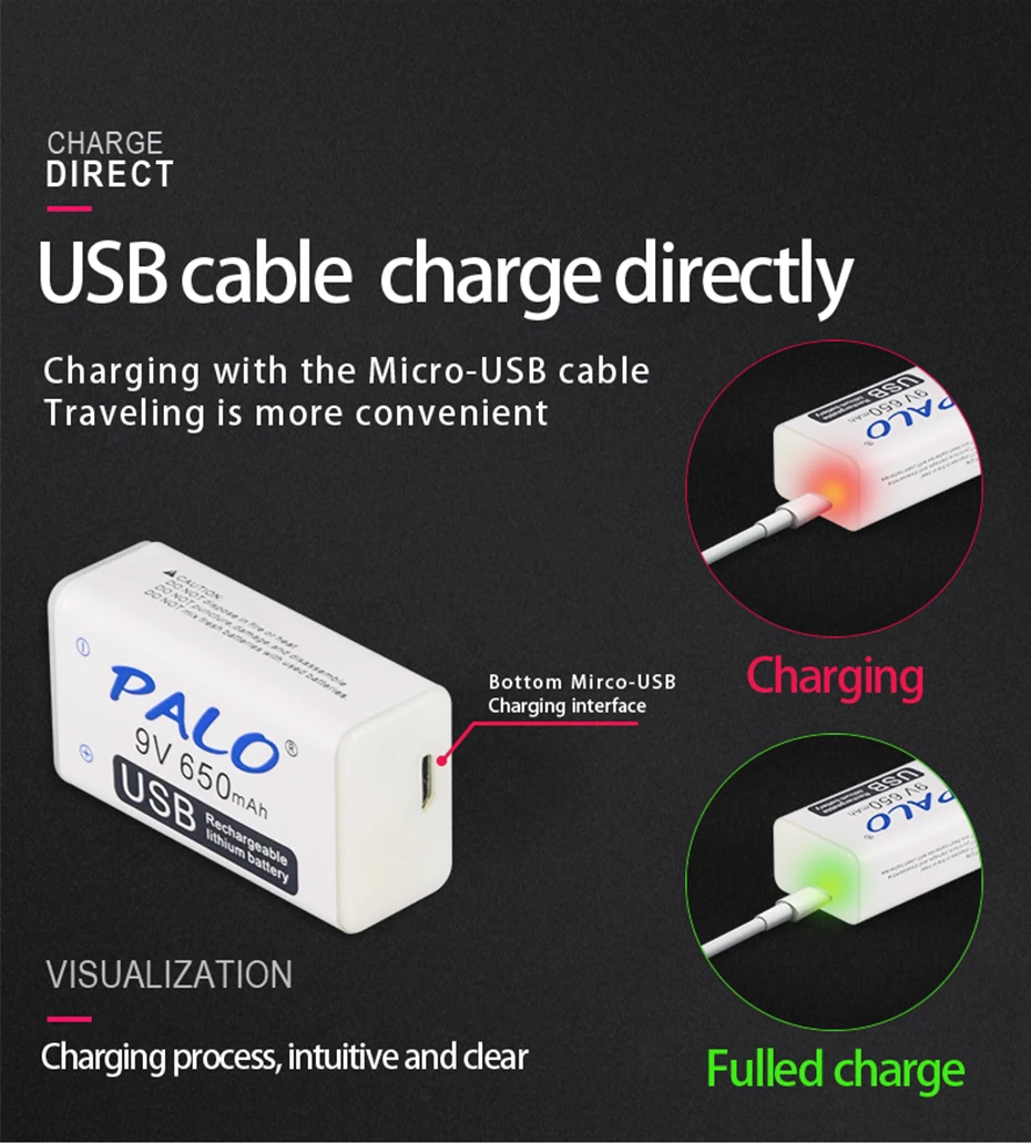 PALO 9 в USB батарея 650 мАч перезаряжаемый micro usb 9 в Lipo батареи для микрофона беспроводной микрофон гитара для EQ дымовая сигнализация