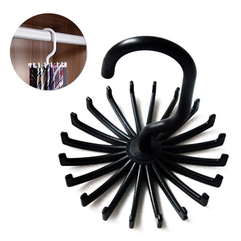 Mini Plastic Tie Rack 20 Ties/Belts/Scarves Holds Hanger Rotating Hook White Black Tie Holder Storage Racks Laundry Organizer