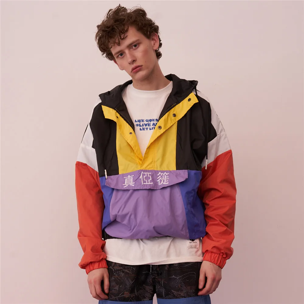 OSCN7 Hip Hop Contrast Color Hooded Jackets Men 2019 Streetwear Loose Casual Women Windbreaker Jackets Varsity Bomber Coat A13