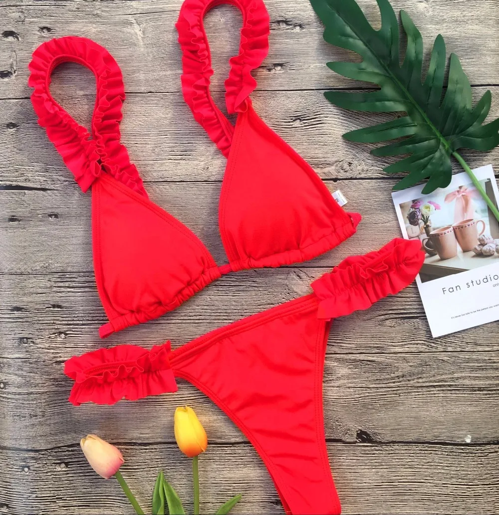 

Ruffled Sexy Bikini 2019 Women Push Up Swimsuit Swimwear Female Solid Bathing Suit Women Bikini Top Beach Wear