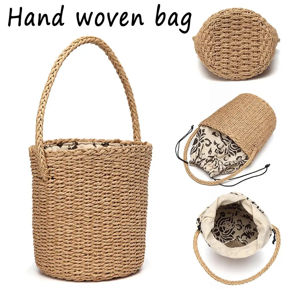 

Drawstring Straw Woven Bag Textile Bag Beach Bag Bucket-shaped Storage Bag Travel