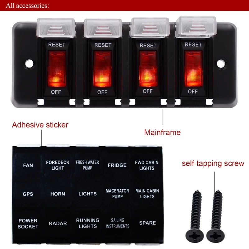 4 Gang12V Panel Waterproof Red LED Switch Circuit Breaker With Fuse For Boat Car