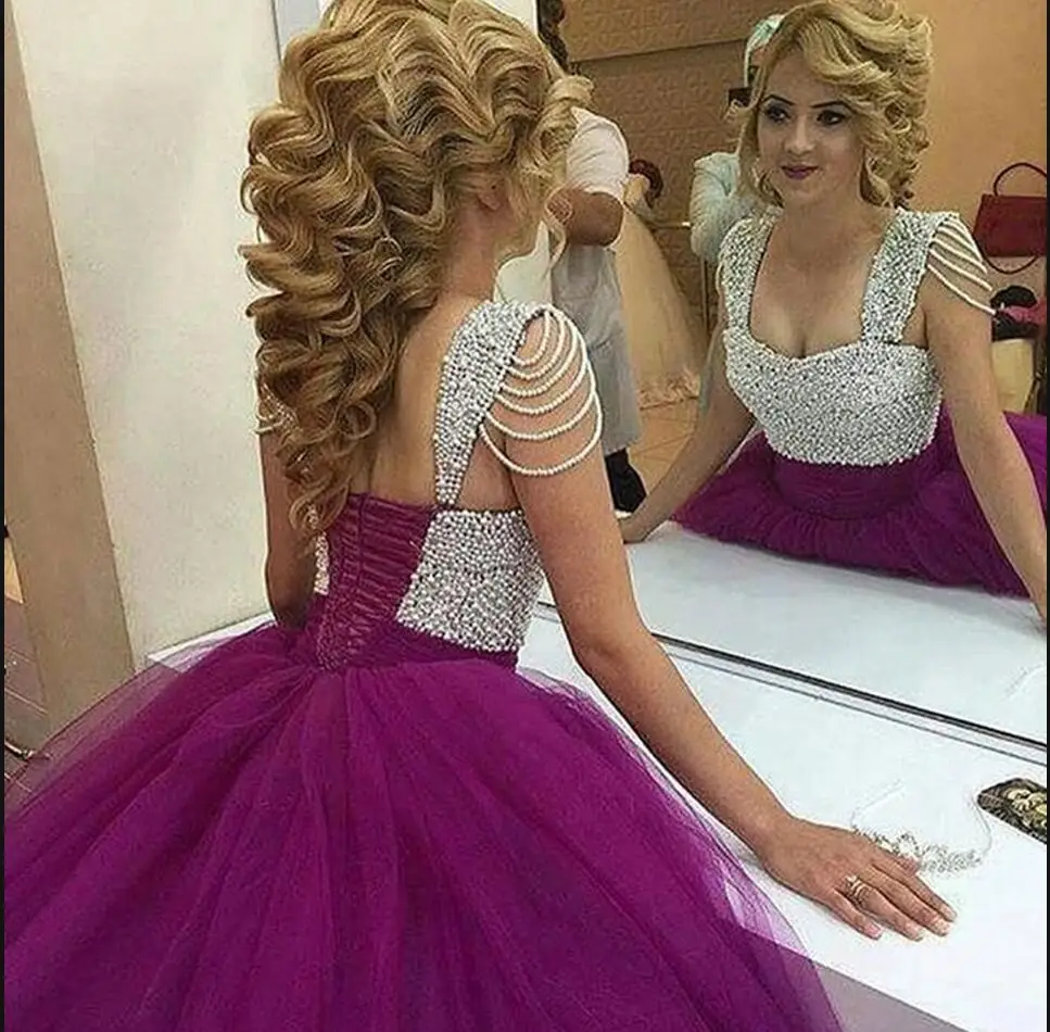 us $197.1 10% off|2019 latest style ball gown prom dress purple pearls  princess sweet 16 prom dresses pleated puffy prom gowns hot sale-in prom