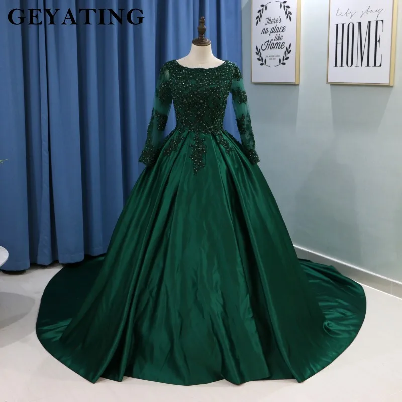 

Emerald Green Lace Long Sleeves Muslim Wedding Dress 2019 Ball Gown Princess Bride Dresses Islamic Satin Court Train Bridal Gown