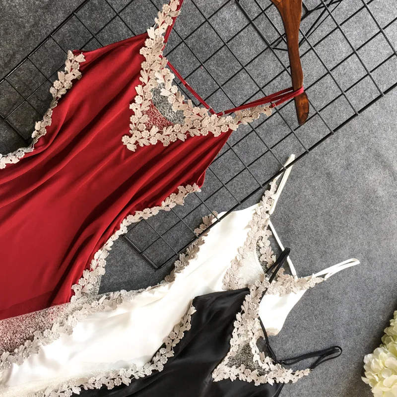 Daeyard женский пеньюар сексуальное нижнее белье кружевная отделка шелковая ночная рубашка Глубокий v-образный вырез аппликация Ночная Рубашка летнее платье с открытой спиной