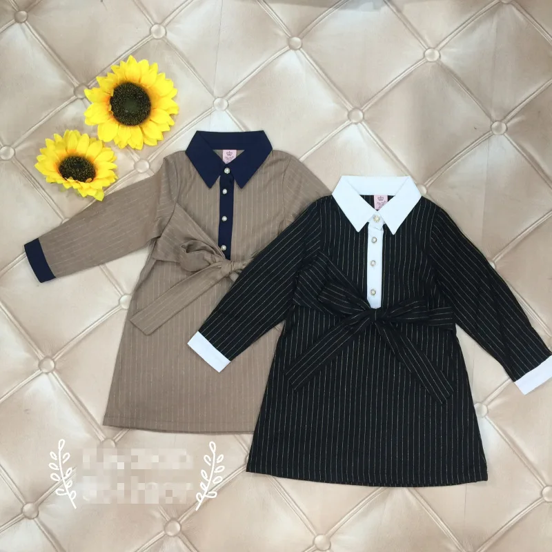 Roimyal/, коллекция года, модное осенне-зимнее новое платье для девочек Рубашка с длинными рукавами и отворотами и бантом платье в полоску для девочек