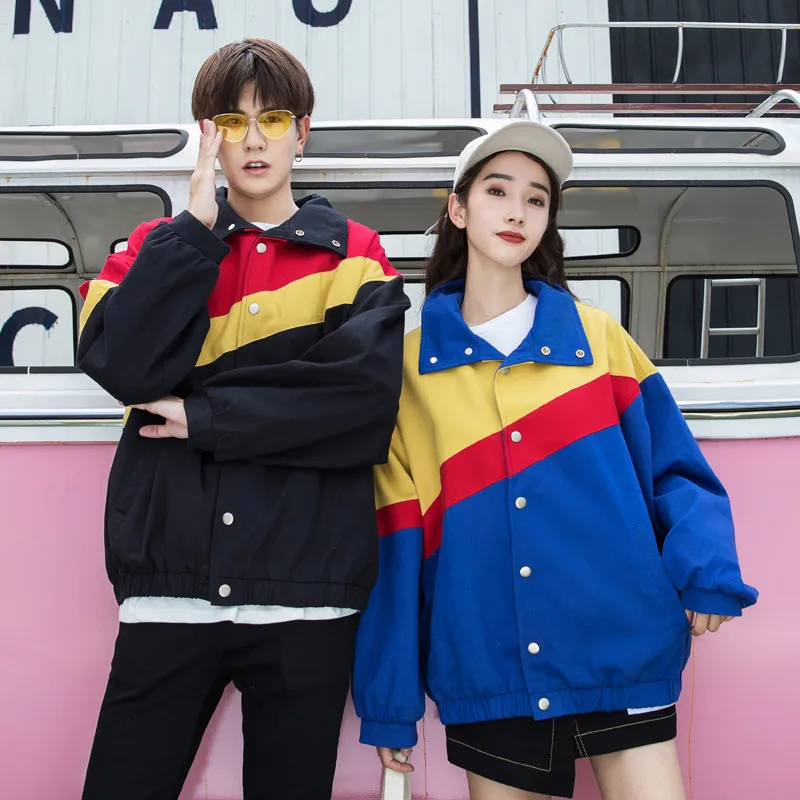 

2019 SS Spring Striped Single Breasted Baseball Jacket Coat Hip Hop Couples Oversized Patchwork Color Block Windbreaker Jackets